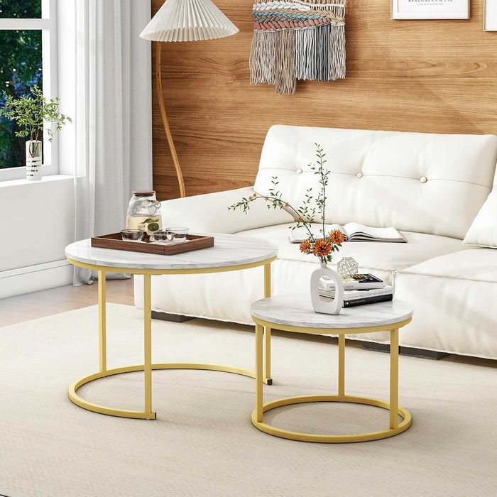 Set 2 masute rotunde de cafea cu efect de marmura, blat MDF