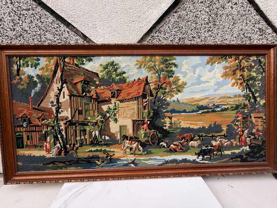ФРЕНСКИ ВНОС: винтидж машинен гоблен „Селски пейзаж“