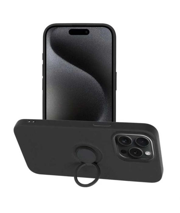 Husa cu inel iPhone 16 . 16 Plus . silicon negru / interior catifelat
