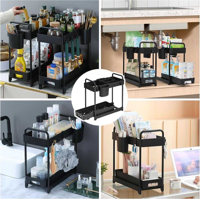 Комплект от 2 бр Органайзер за кухня, с 4 куки и 2 чашки – черен