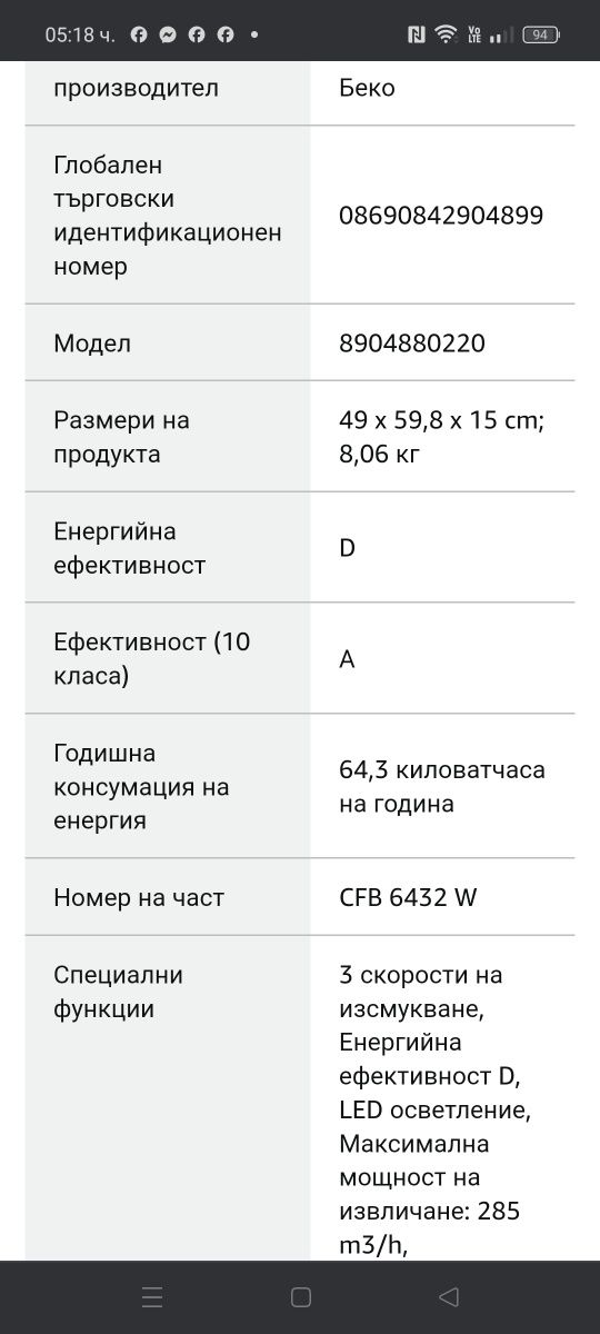 Абсорбатор Beko,(стандартен, мод.CFB 6432W )неупотребяван