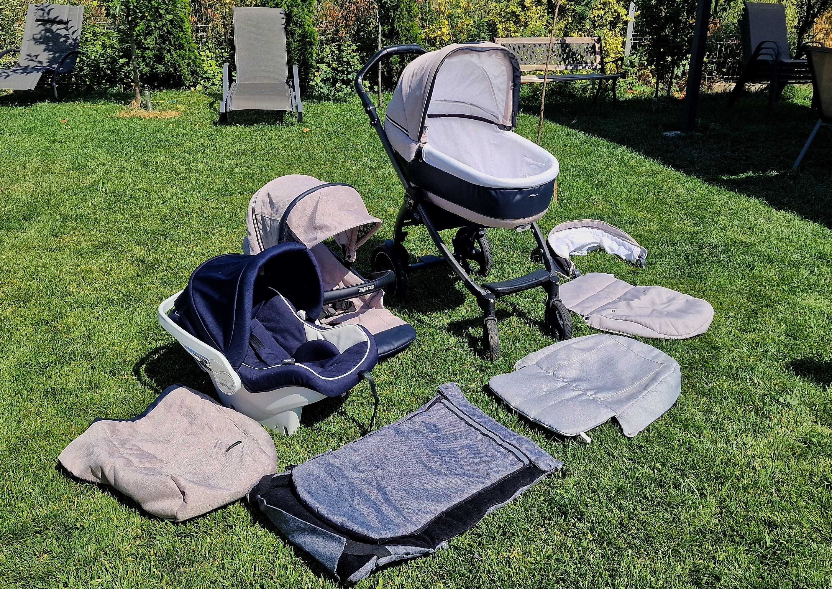 Set complet PegPerego 3 în 1–Cărucior, Landou, Scoică, Accesorii CADOU