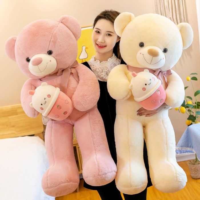 Голямо Розово Плюшено Мече с Bubble Tea, 120см Розова Плюшена Мечка