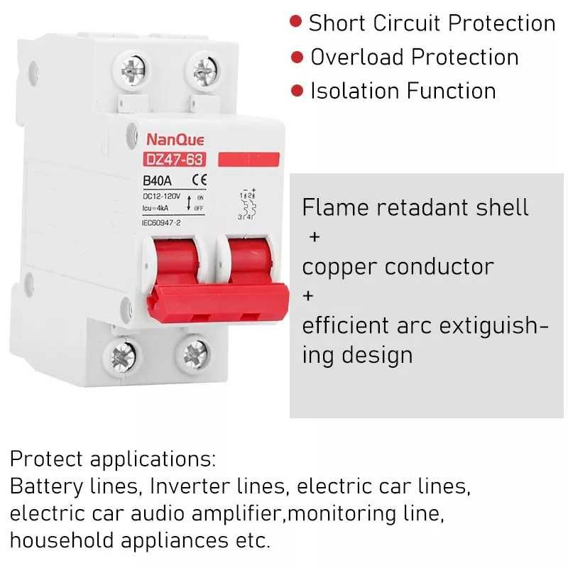 Siguranțe automate dc 12v, 24v, 48v, 500v curent continuu cc