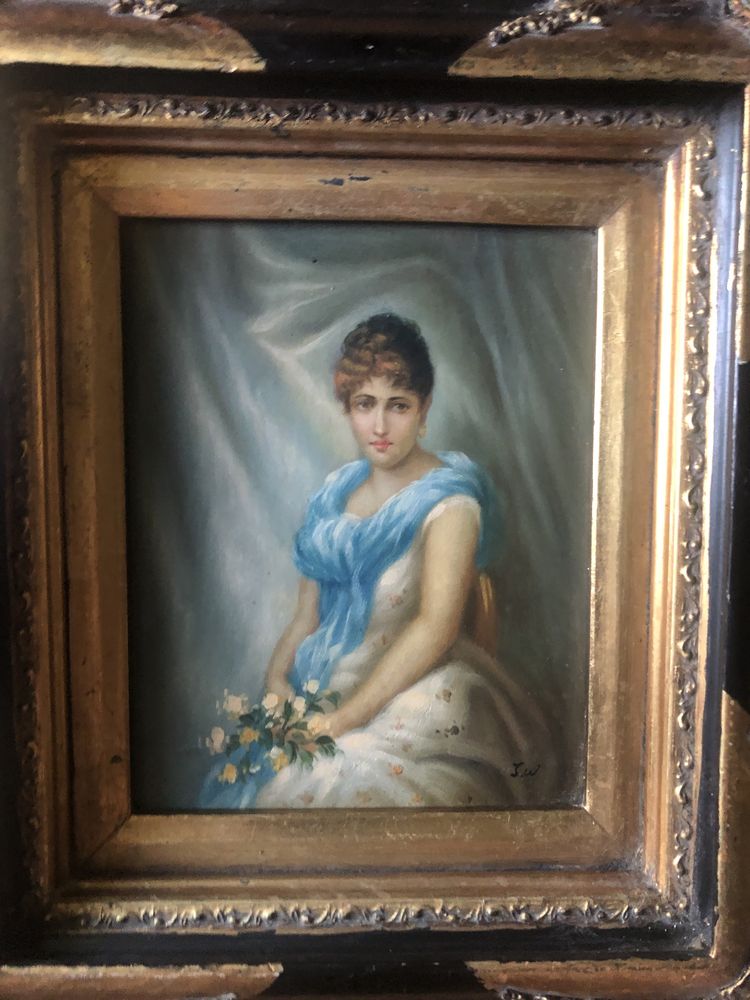 Tablou,pictura veche in ulei pe lemn,portret femeie,semnat