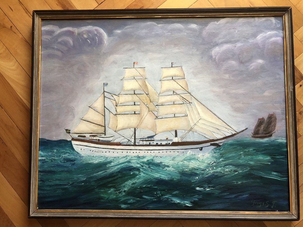 Tablou,pictura suedeza in ulei pe panza,corabie pe mare,,semnata