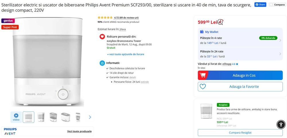 Sterilizator Philips Avent uscare în 40 min + 4 biberoane Avent
