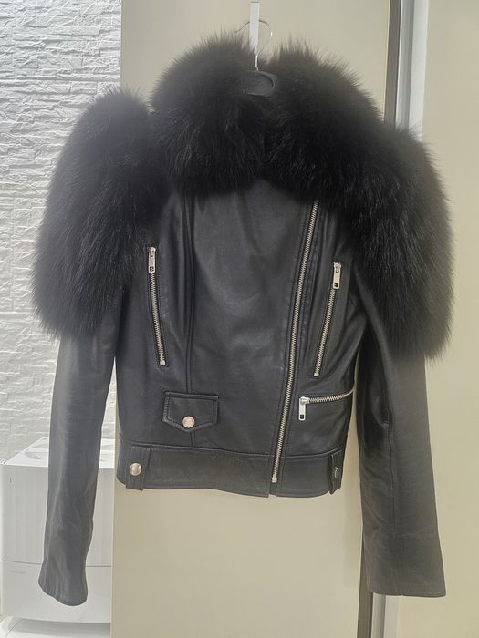 Geaca biker piele naturala si blana naturala de vulpe