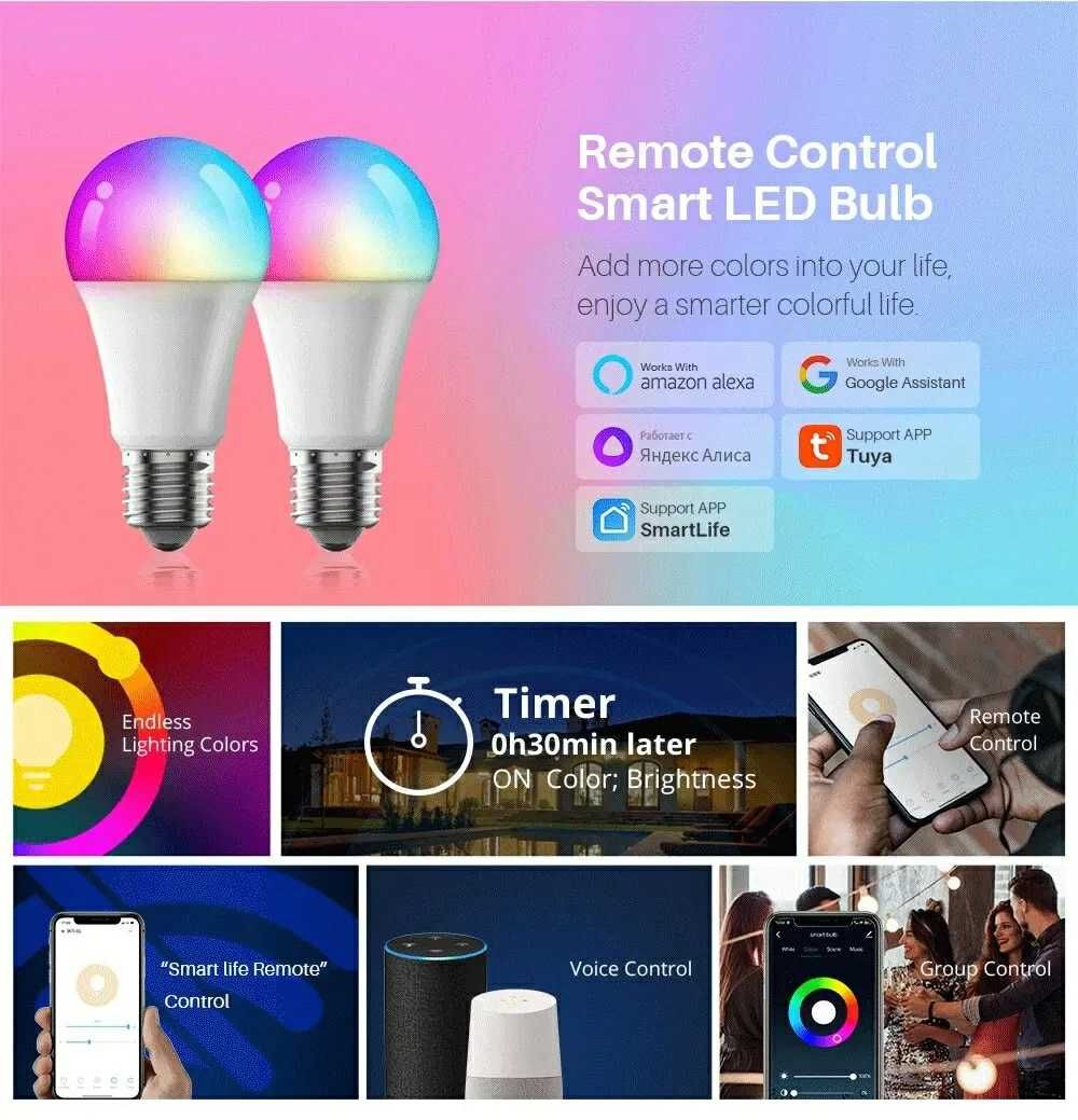 Bec LED inteligent WiFi Smart RGB Tuya Multicolor