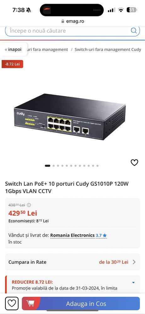 Switch Lan PoE+ 10 porturi Cudy GS1010P