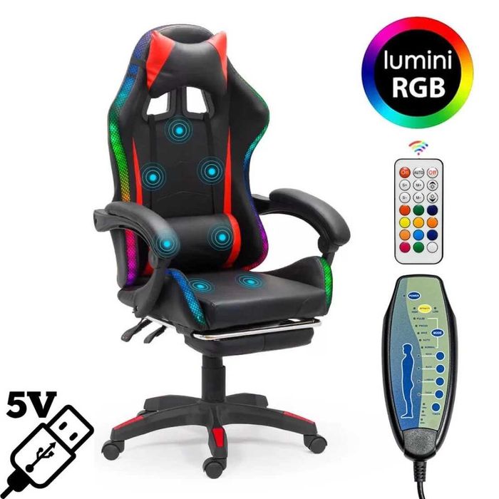 Scaun Gaming cu Masaj - Lumini DHO303 Suport picioare LIVRARE GRATUITA