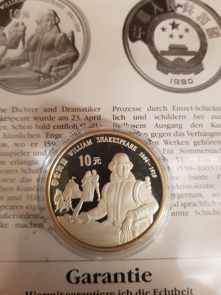 Moneda Argint 10 Yuan 1990 William Shakespeare