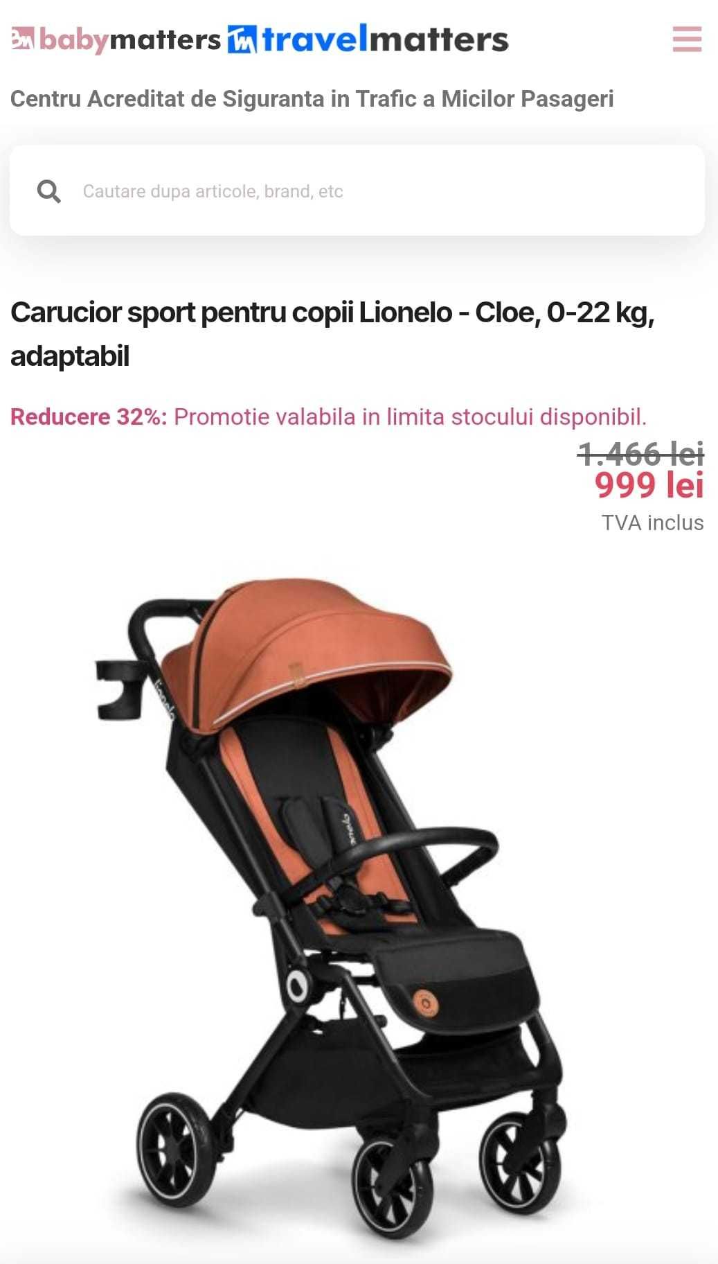 Carucior sport pentru copii Lionelo Cloe, 0-22 kg, adaptabil