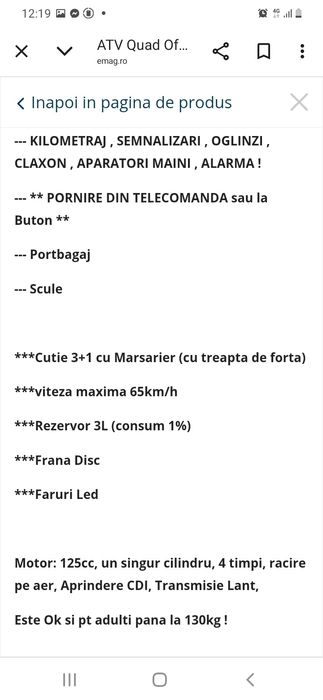 Vind atv de 125 cc in 4 timpi racire pe aer aprindere cdi