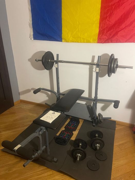 Aparat fitness complet – banc de forță, gantere, bară, 100 kg greutăți