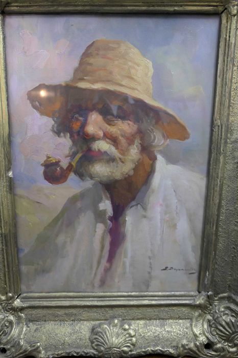 Samuel Bogdanovici Batran cu Pipa Semnat - Rama lemn + Sticla 60/40cm