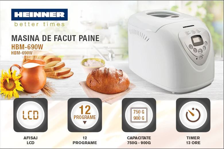 Masina de paine Heinner 600w 900g 12 programe