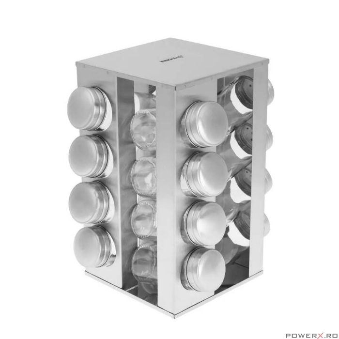 Set 16 recipiente pentru condimente, cu suport, inox si sticla,