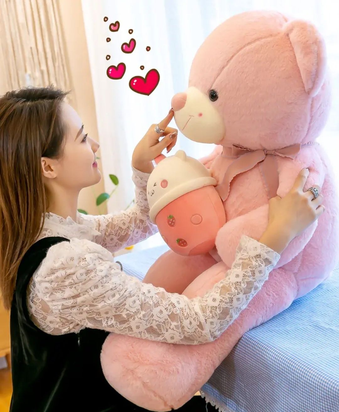 Голямо розово плюшено Мече с Bubble Шейк, 110см Розова Мечка