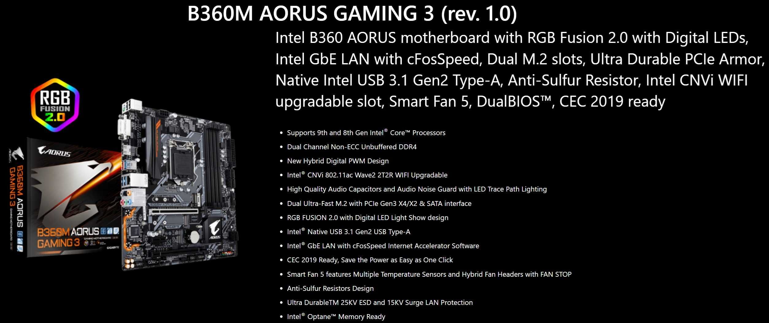 Дъно Дънна платка GIGABYTE B360M AORUS GAMING 3 1151 DDR4 Overclock
