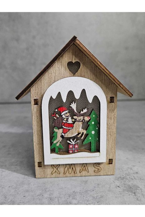 Casuta Decorativa Craciun cu Mos Craciun si Ren, LED, Lemn, 10,5 cm