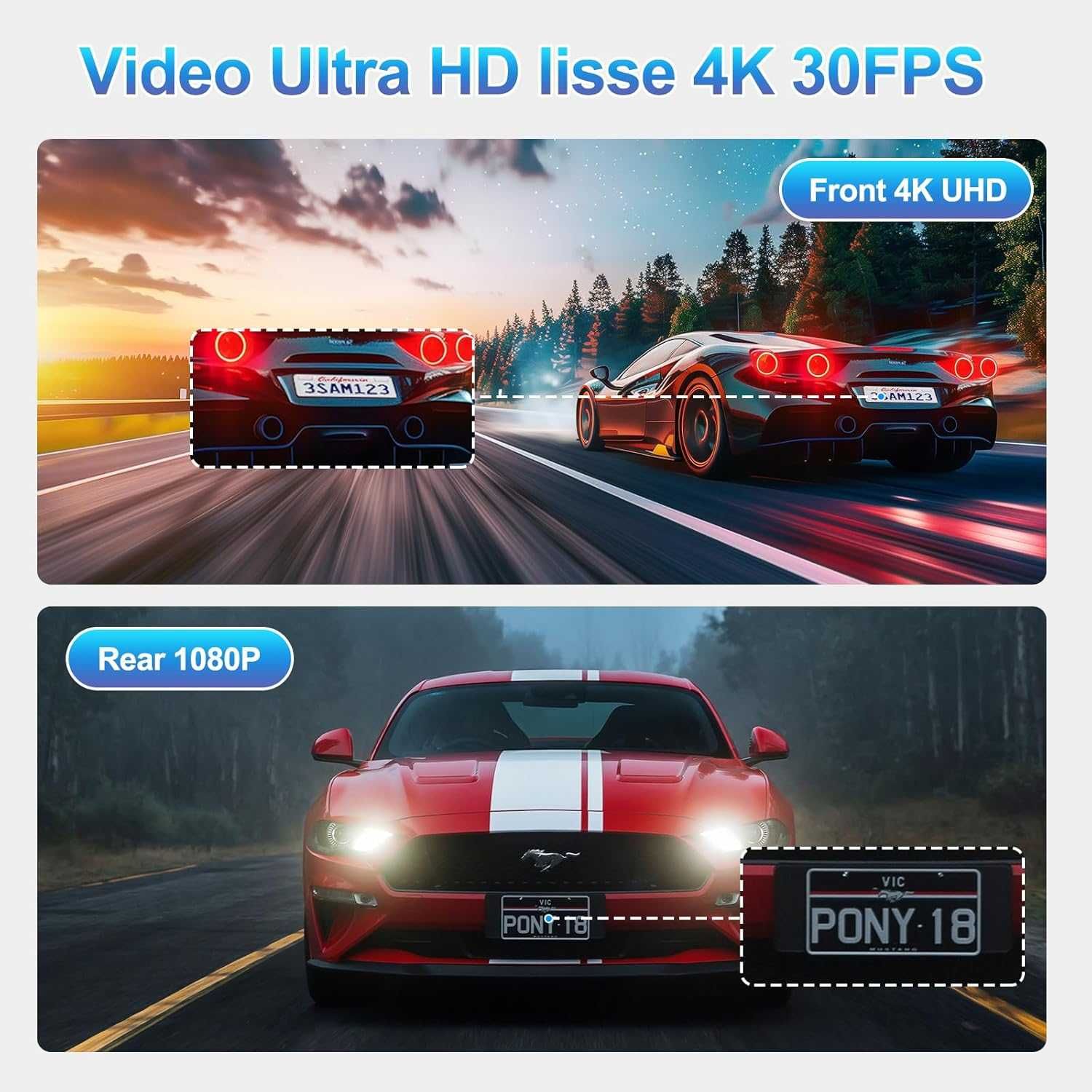 DYNACAM 4K/2K+1080P Dash Cam отпред и отзад, 64GB карта, 170°,G-сензор