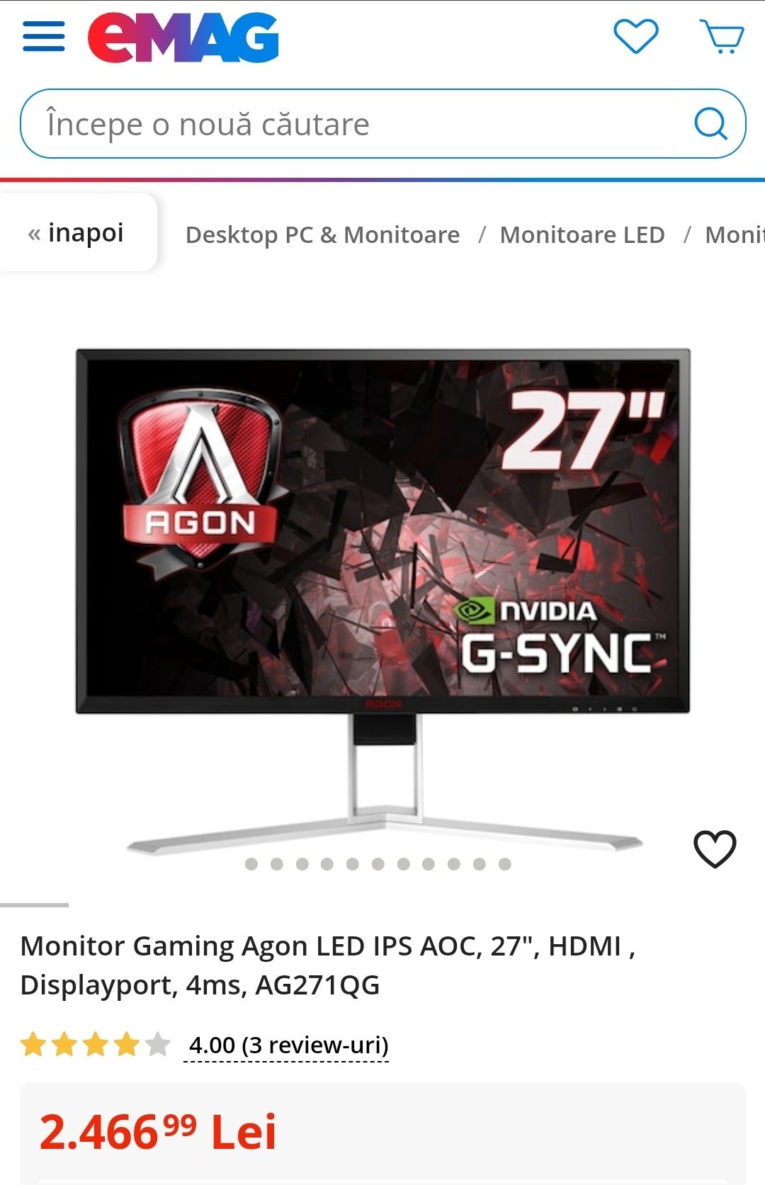 Monitor Gaming Agon Aoc, rezolutie 2k, 165hz, 27", nVIDIA G-SYNC