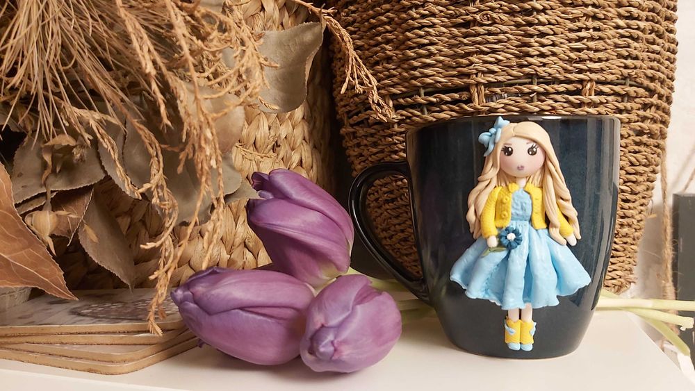 Cana cadou fetite, iubita papusa cu fundita fimo handmade
