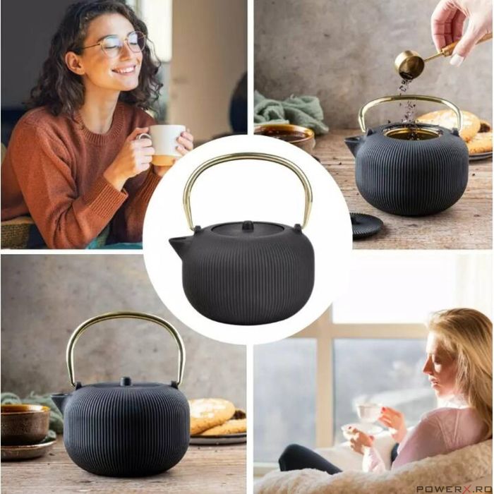 Ceainic din fonta cu strecuratoare, interior emailat, 1l, negru cu