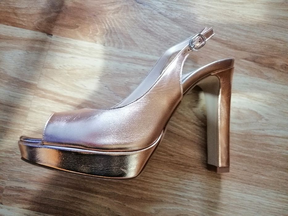 Sandale piele naturala, aurii cu platforma