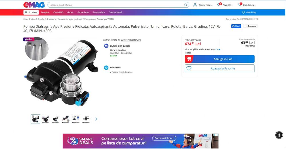 Pompa Ridicare Presiune 12v Camping/Rulote 2.8Bar, REDUS de la 675RON