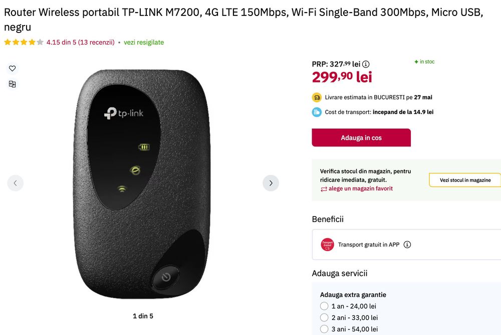 Router Wireless portabil TP-LINK M7200, 4G LTE 150Mbps (5 bucati)
