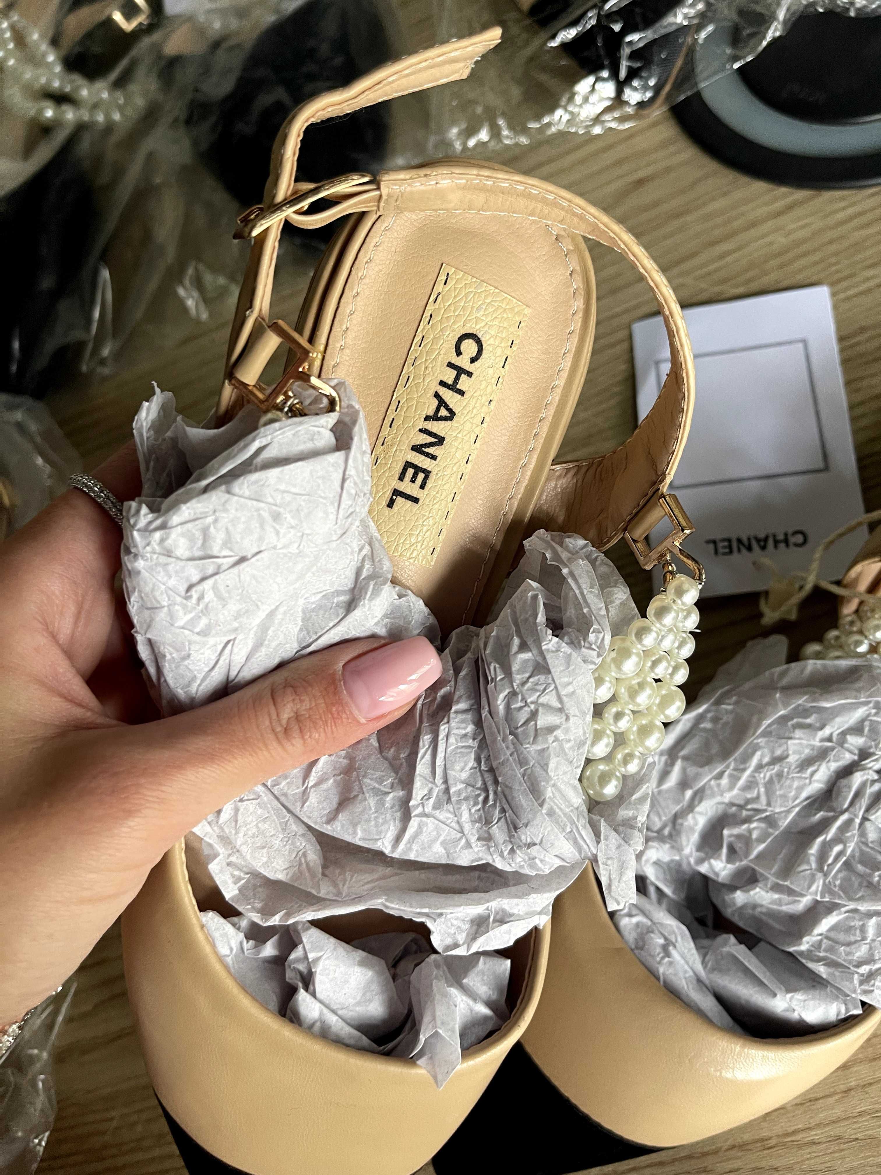 шанел обувки пантофки летни пролетни беж бежови с перли сандали chanel