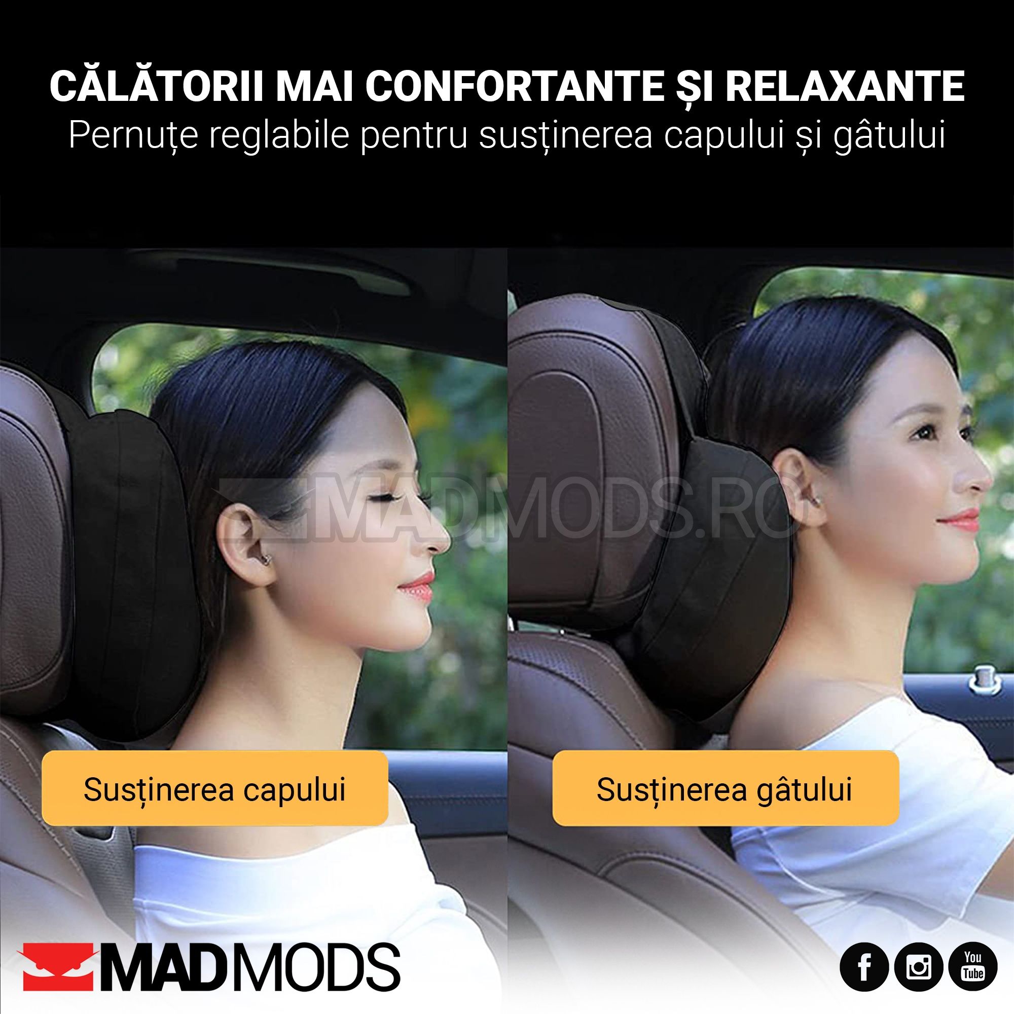 Pernute tetiera auto, reglabile, alcantara, negre, cu scai, Universale