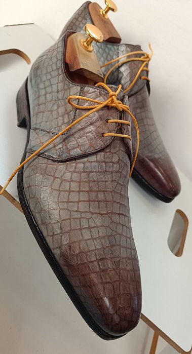 Pantofi de lux 43.5 44 44.5 Greve NOI lucrati manual piele embosata