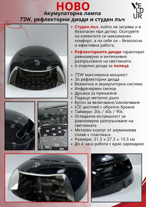 Акумулаторна лампа 72W, рефлекторни диоди и студен льч
