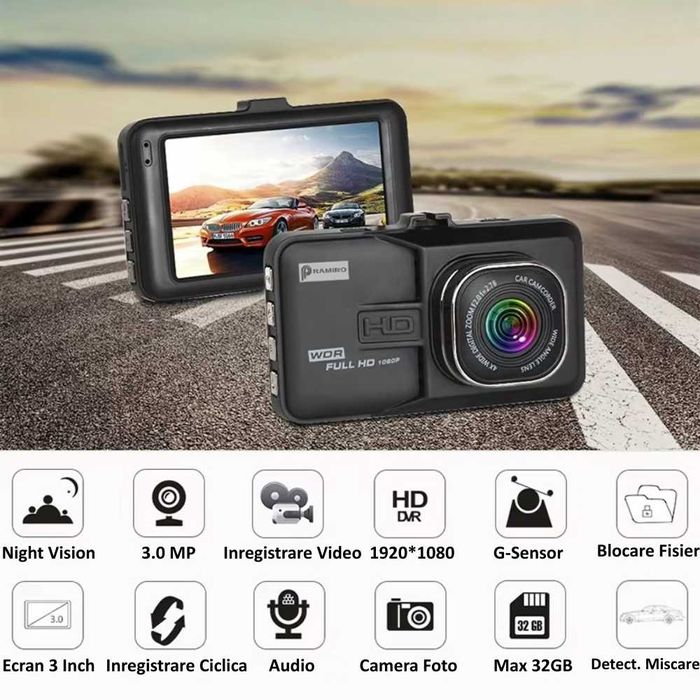 Camera Auto DVR Full HD 1080P cu Ecran 2.4", Unghi Larg, Inregistrare