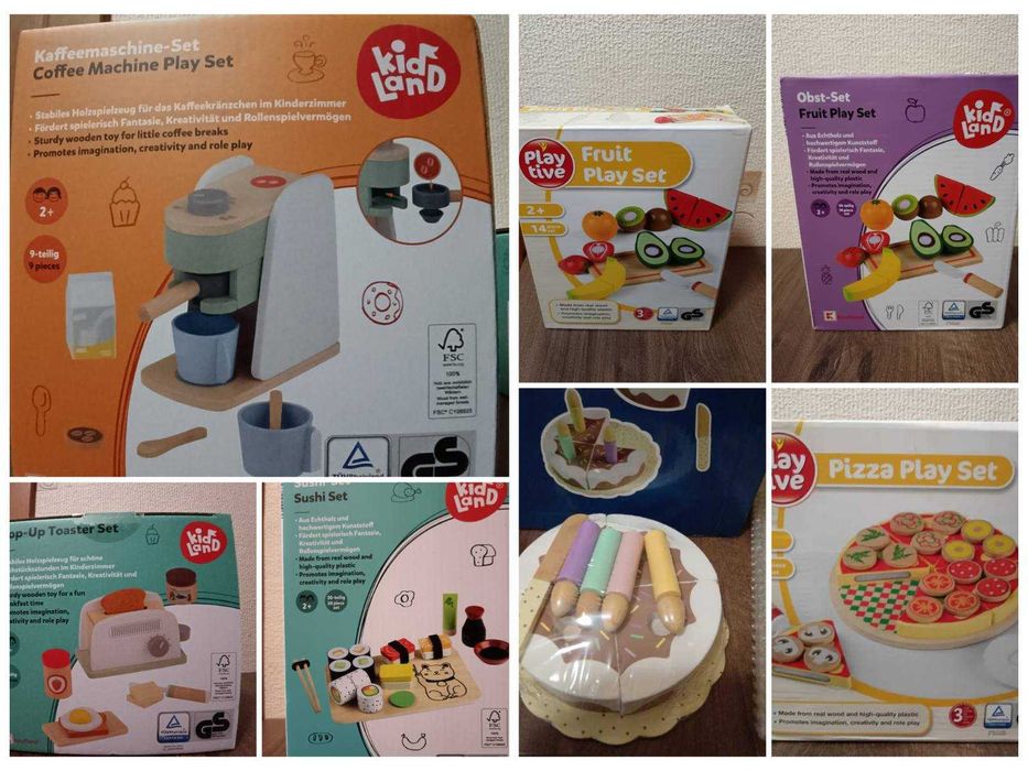 Дървени Торта,Кафе машина,Суши,Пица,дъски плодове.Пъзели.Тостер.Книжка