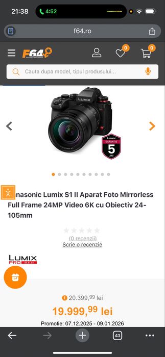 Aparat foto Panasonic Lumix S1 II cu obiectiv 24-105 mm