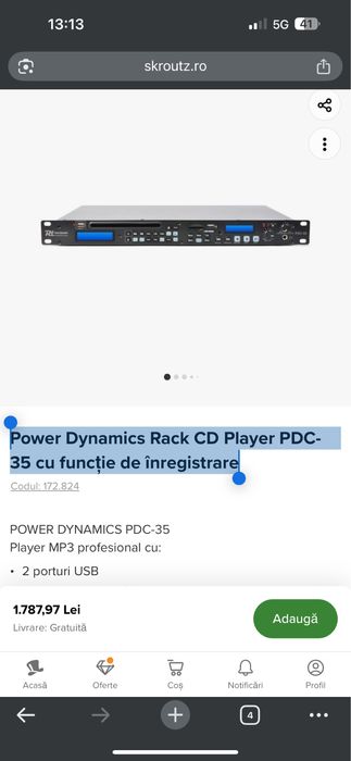 Player media/CD Power Dynamics PDC-35,inregistrare digitala CD/USB/SD!