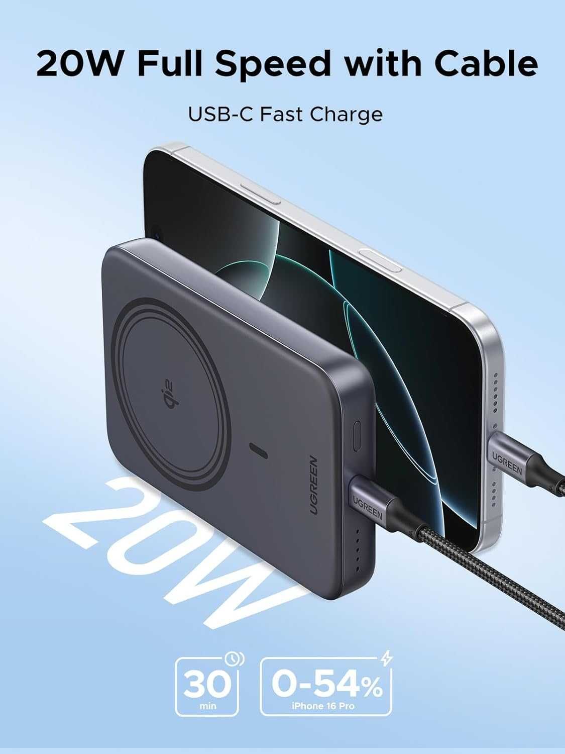 Външна батерия UGREEN Nexode, безжична захранваща банка, 10000mAh Qi2