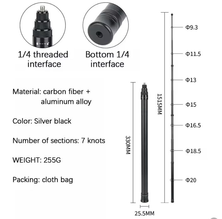 Selfie stick carbon 1,5 m insta360 gopro action camera