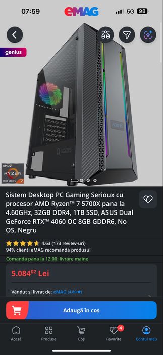 Vand calculator Ryzen 7 5700x , 4060 , 32 gb ram , 1 tb ssd.