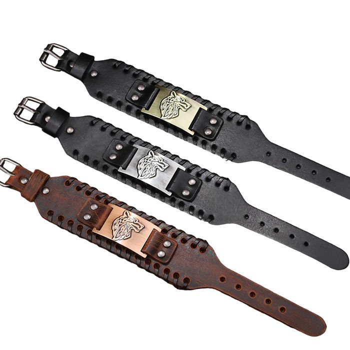 Bratara de piele pentru barbati  cu gravura in metal - cap de lup