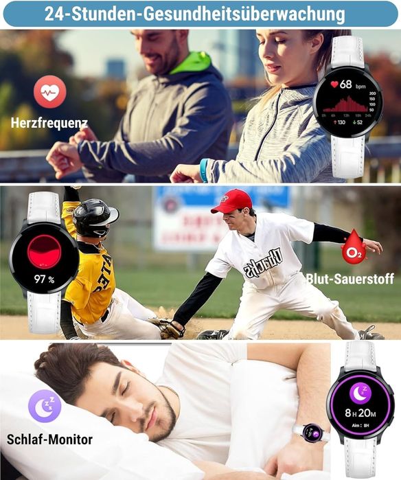 Смарт часовник с 1.5" HD дисплей, Bluetooth разговори, кожена каишка