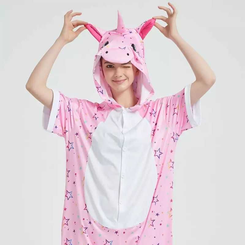 Pijama salopeta scurta pentru copii, model unicorn roz