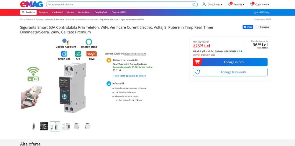 Siguranta Smart 63A, WiFI+APP, Contor Cons+Voltaj, REDUS de la 225RON