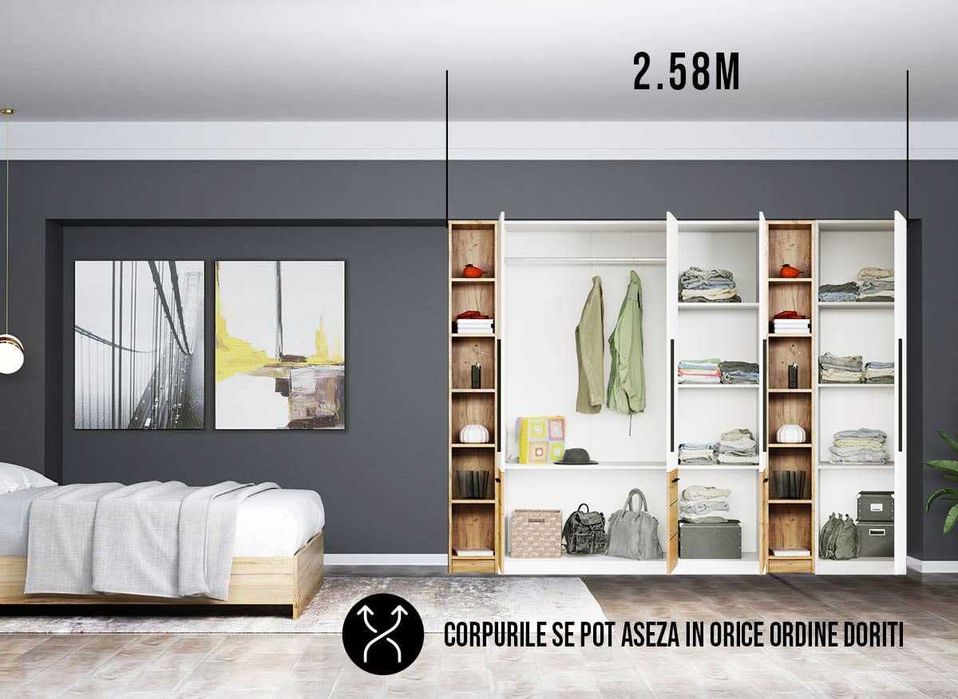 Dressing 2.58m / Dulap Dormitor Timea - Transport Gratuit in 4-10 zile
