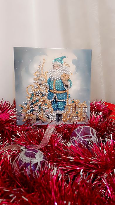 Felicitare de Crăciun cu Moș Crăciun albastru – mozaic cu diamante, ha