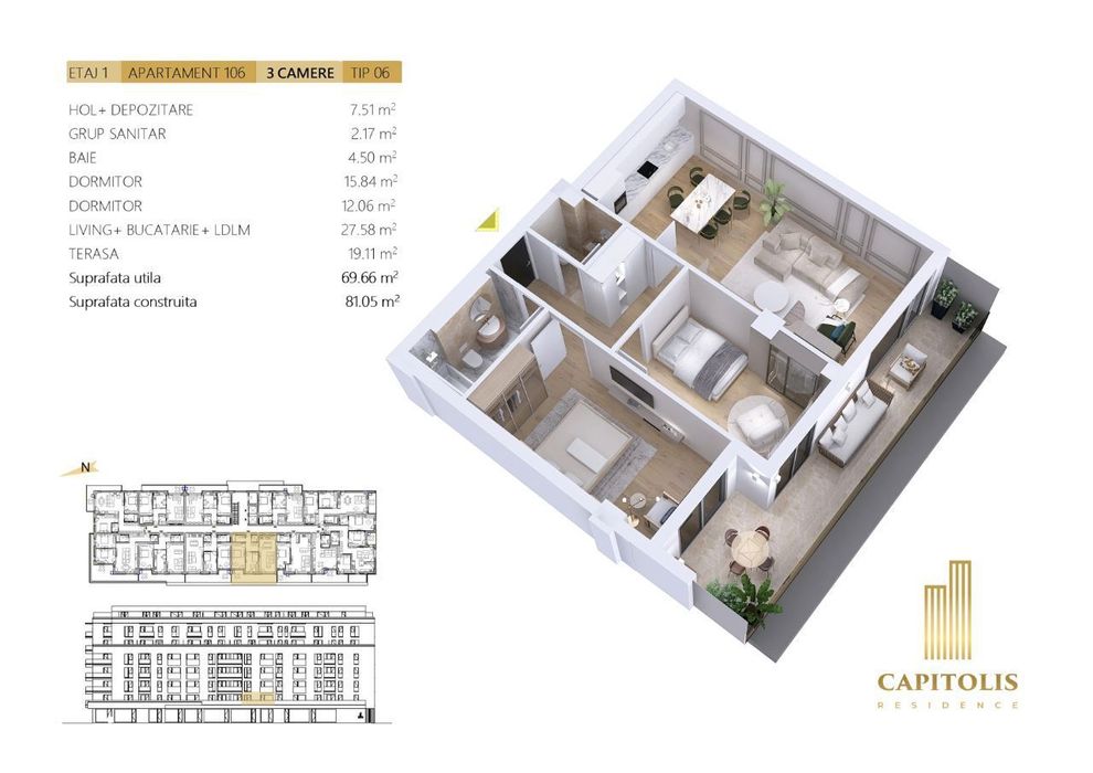 Apartament cu 3 camere, terasă generoasă, Capitolis Residence